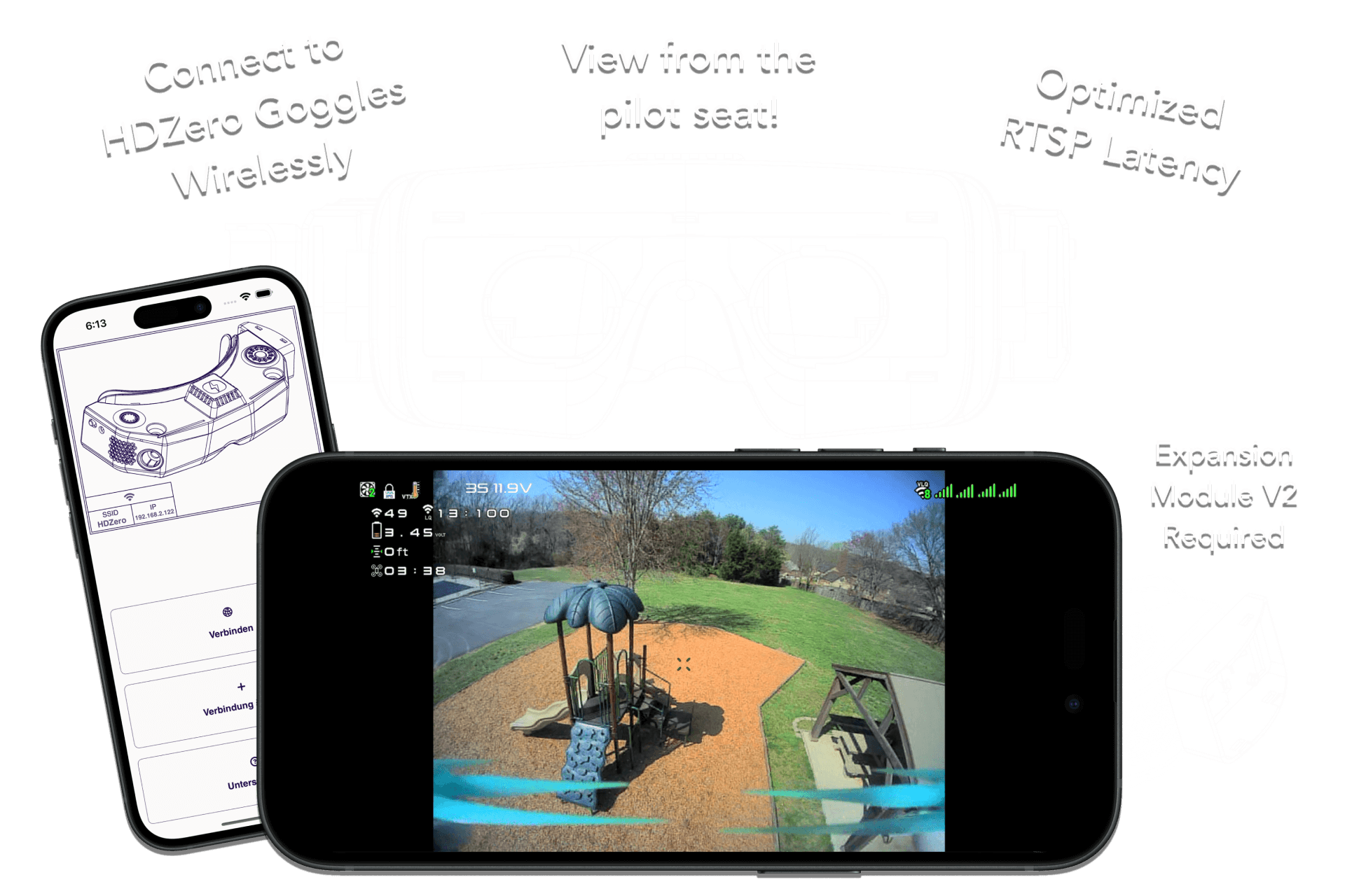 Connect to HDZero Goggles Wirelessly. View from the pilot seat! Optimized RTSP Latency. Expansion Module V2 Required.